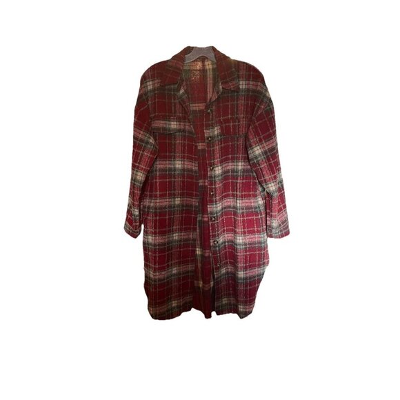 Plaid Shacket Women's Long Red Fleece Button-Up Size Small Fall Jacket - Picture 1 of 5